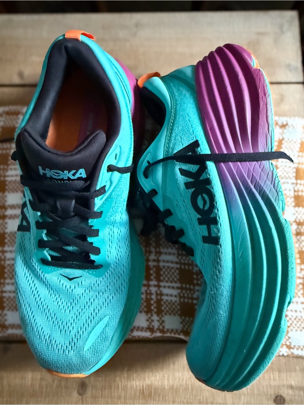 Hoka One One Bondi 8 Teal with Purple and Orange Accents